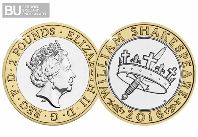 2016 UK Shakespeare Histories CERTIFIED BU £2 Obverse and Reverse BU Logo